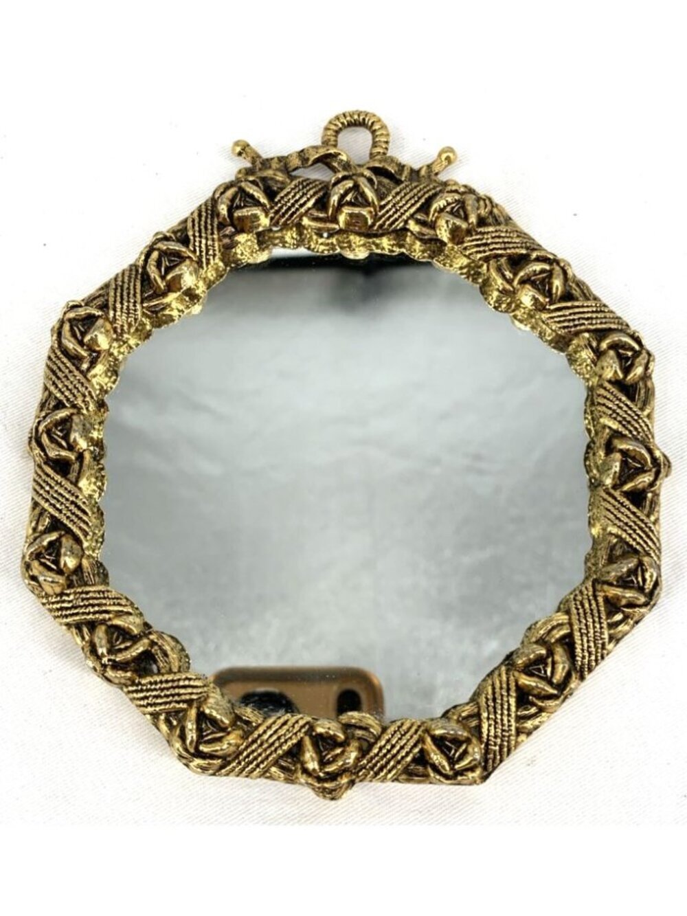 Brass Mirror Hanging Table Top Frame 5.5" Ornate Rose Detailing Hexagon Heavy